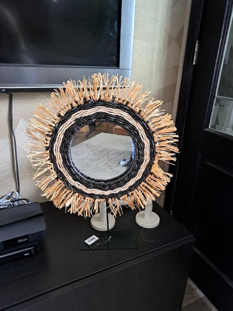 Decoratieve spiegel met raffia rand - Boho stijl, Huis en Inrichting, Woonaccessoires | Spiegels, Minder dan 50 cm, Rond, Ophalen of Verzenden