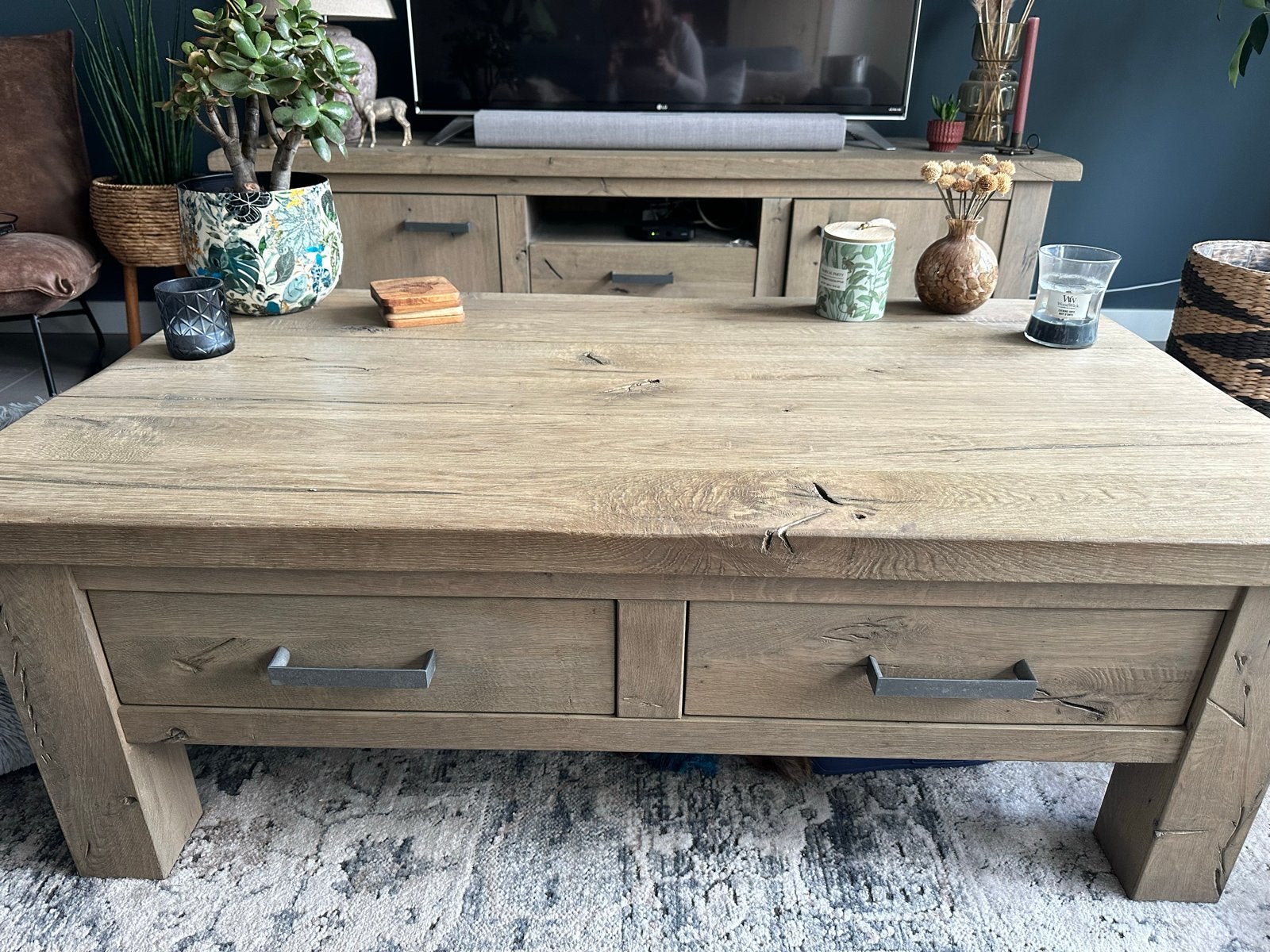 Salontafel Beaufort - Kiezels - 125x70cm, Ophalen, 100 tot 150 cm, Eikenhout, 50 tot 100 cm