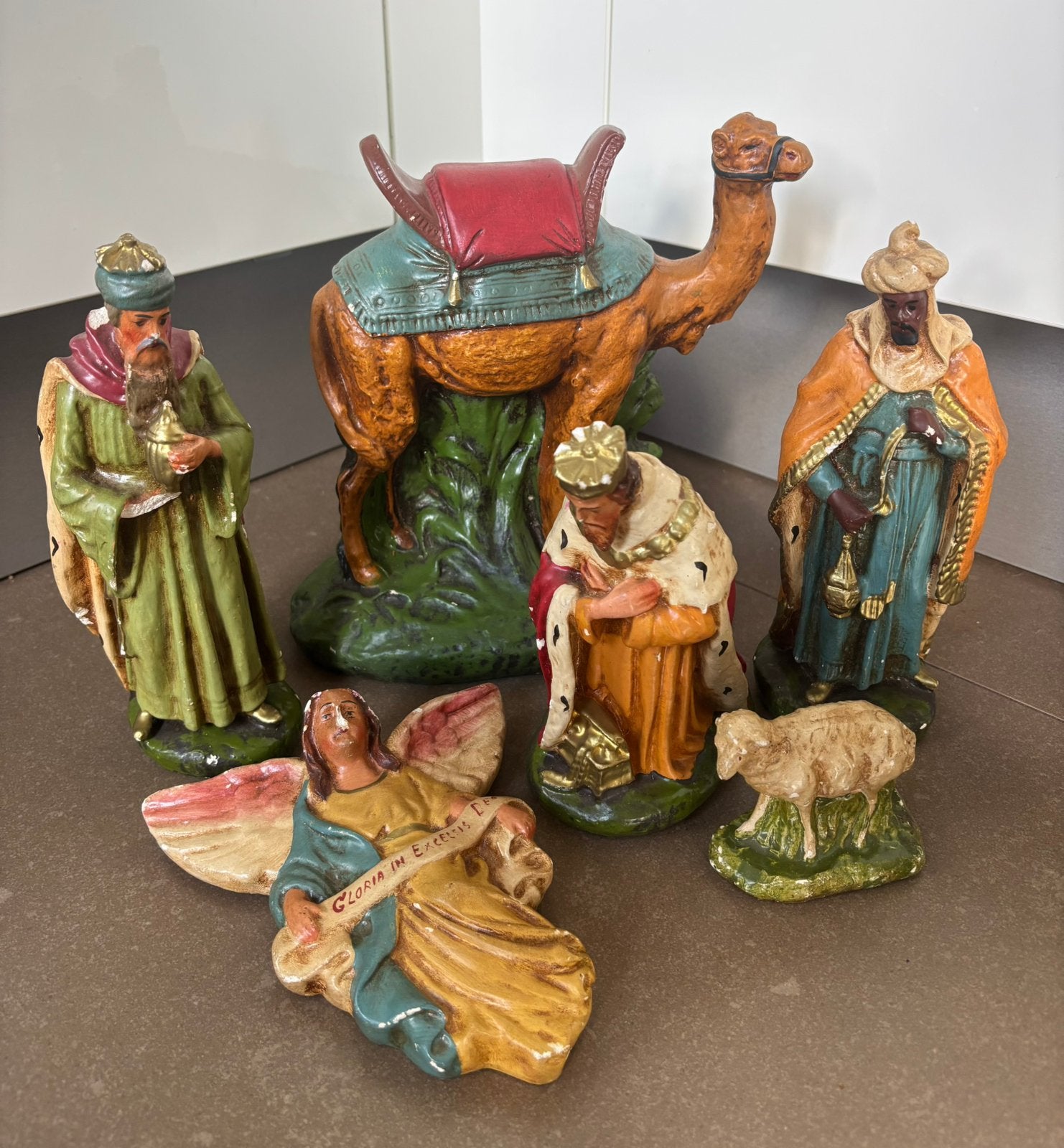 Vintage kerststal kerstgroep 3 koningen engel kameel schaap, Ophalen of Verzenden