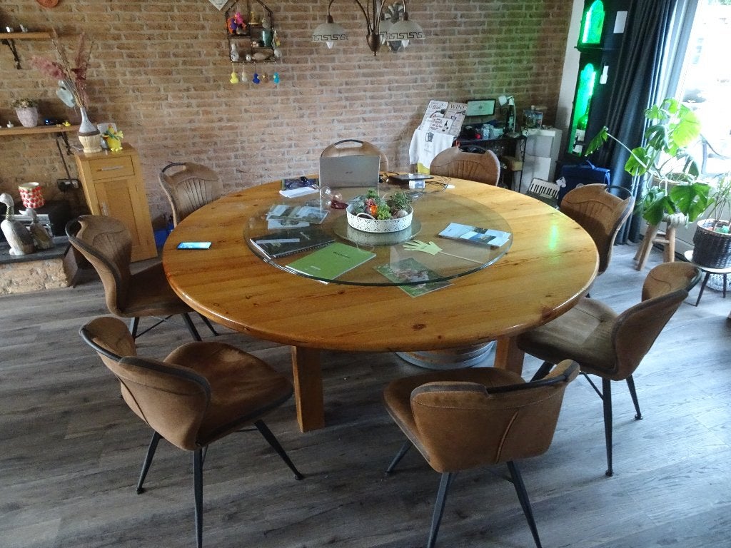 Chinese ronde tafel rond 220 cm glazen schijf 140 cm, Ophalen, Gebruikt, Rond, 200 cm of meer