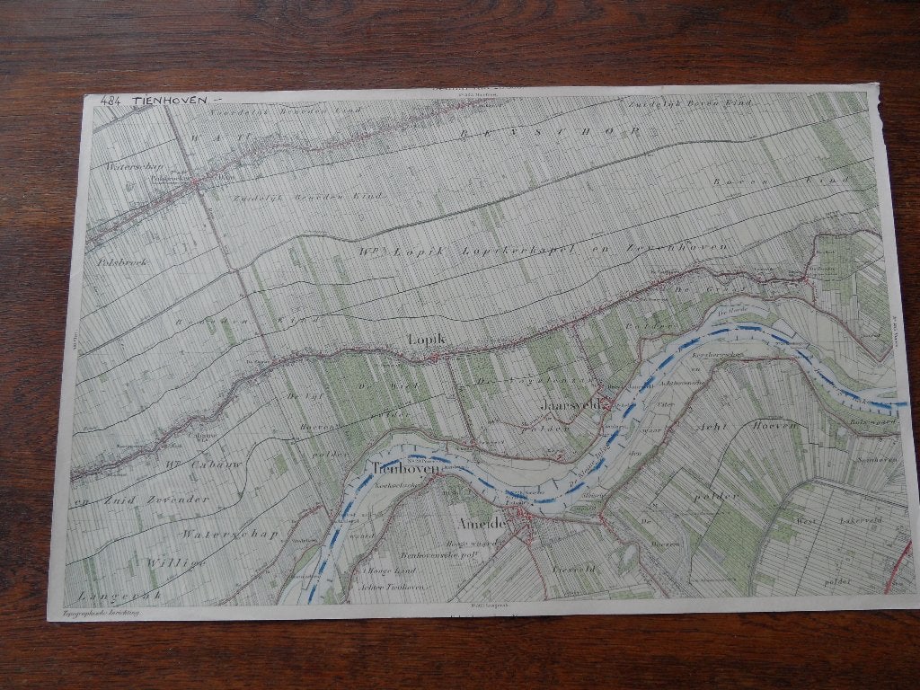 stafkaart  tienhoven  ameide lopik jaarsveld  41x26cm  1890, 1800 tot 2000, Nederland, Topografische inrichting, Ophalen of Verzenden