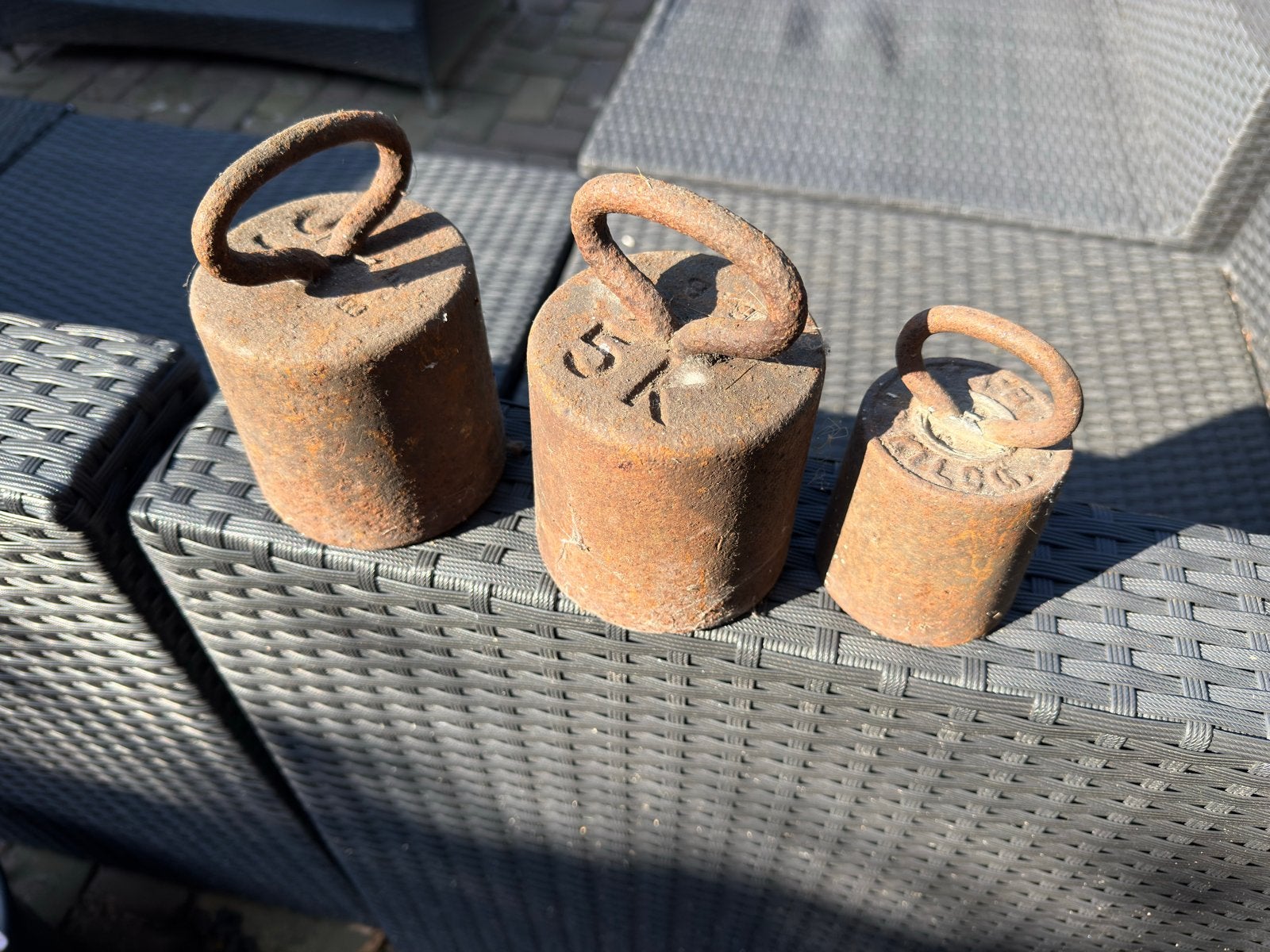 Set van 3 antieke gietijzeren gewichten, Antiek en Kunst, Ophalen