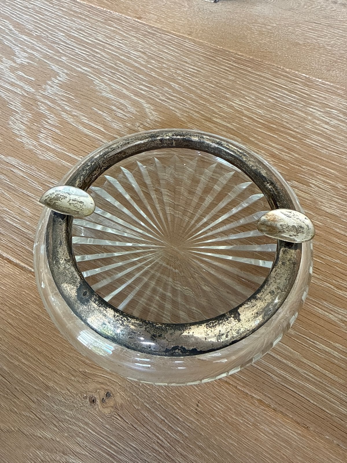 Vintage glazen asbak met verzilverde rand, Ophalen