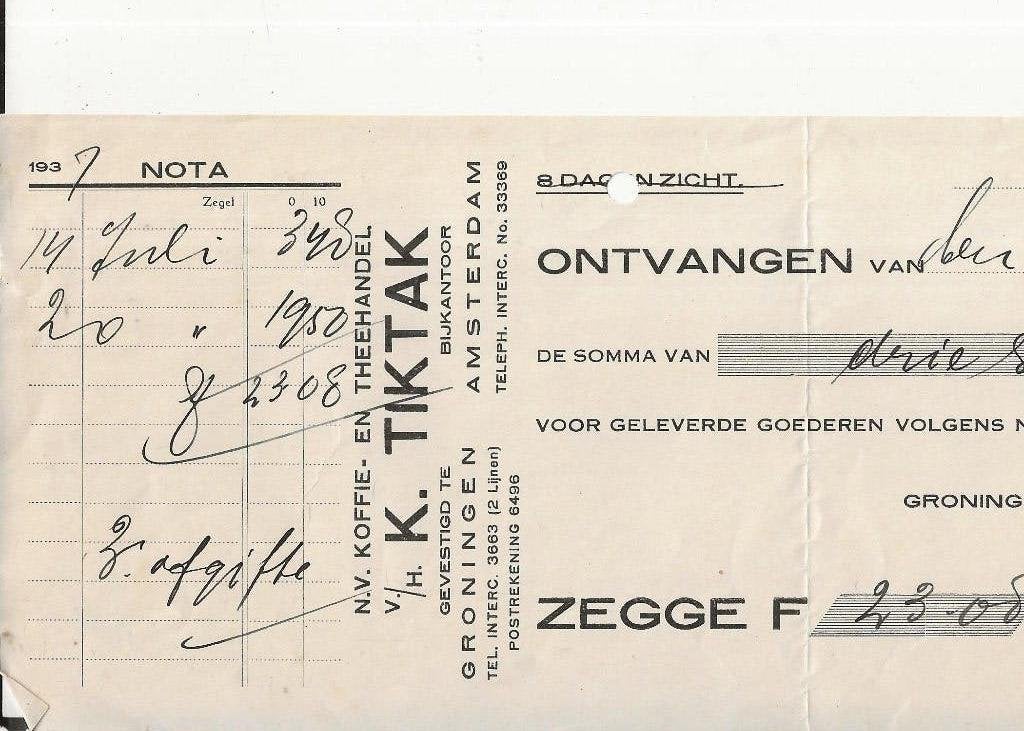 Groningen Nota v/h K Tiktak Stempel Niekerk 2-10-1937, Ophalen of Verzenden, 1920 tot 1940, Gelopen, Groningen