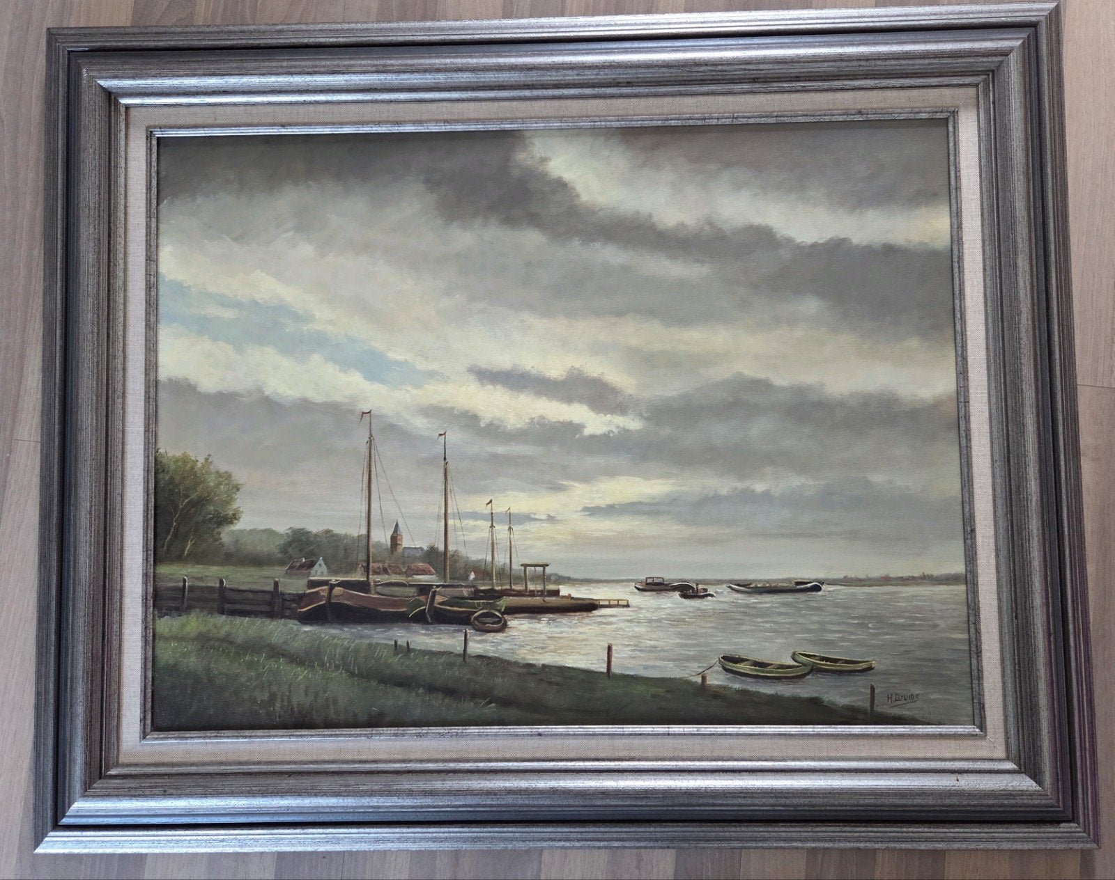 Olieverfschilderij : Haven met boten, Ophalen, Doek, Realistisch, Landschap