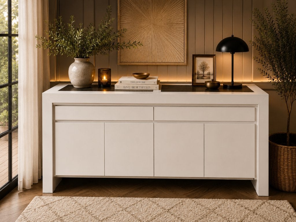 Witte design dressoir / tv-meubel met Belgisch inlegblad, Huis en Inrichting, Kasten | Dressoirs, Ophalen, Met deur(en), Zo goed als nieuw