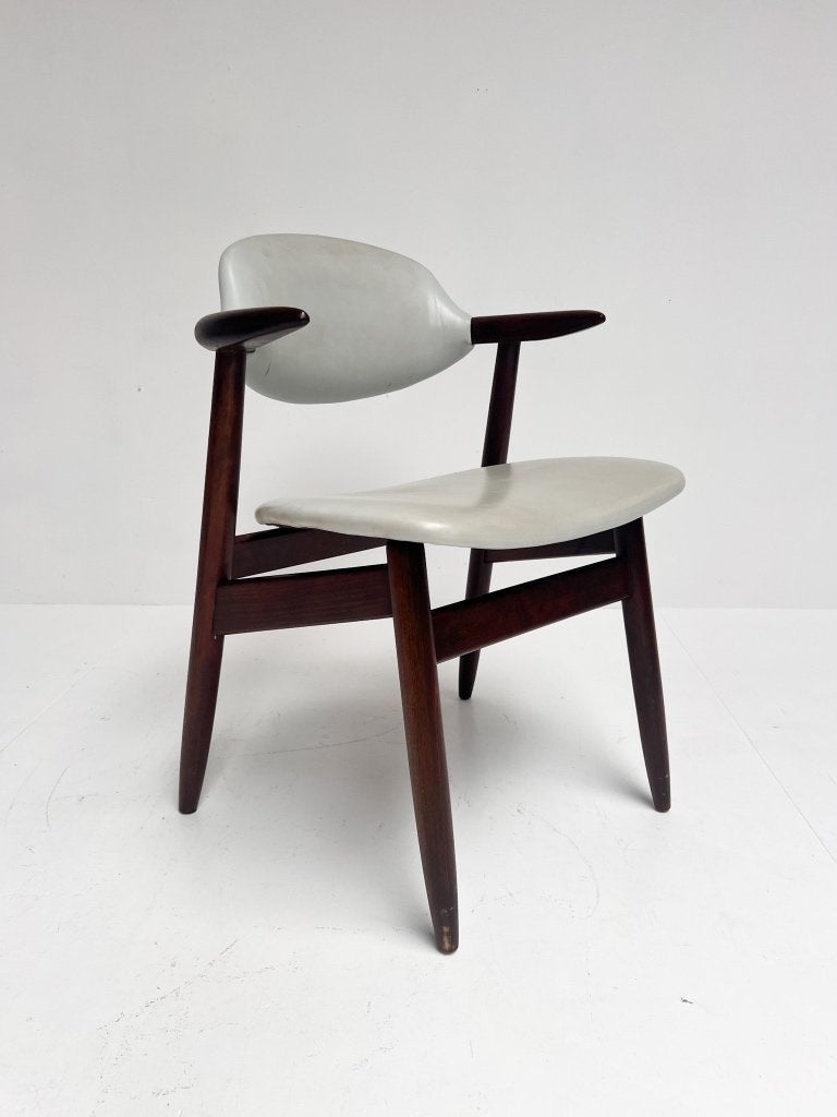 Grijskleurige lederen cowhorn chair, 1970’s, Gebruikt, Minder dan 75 cm, Vintage, Leer