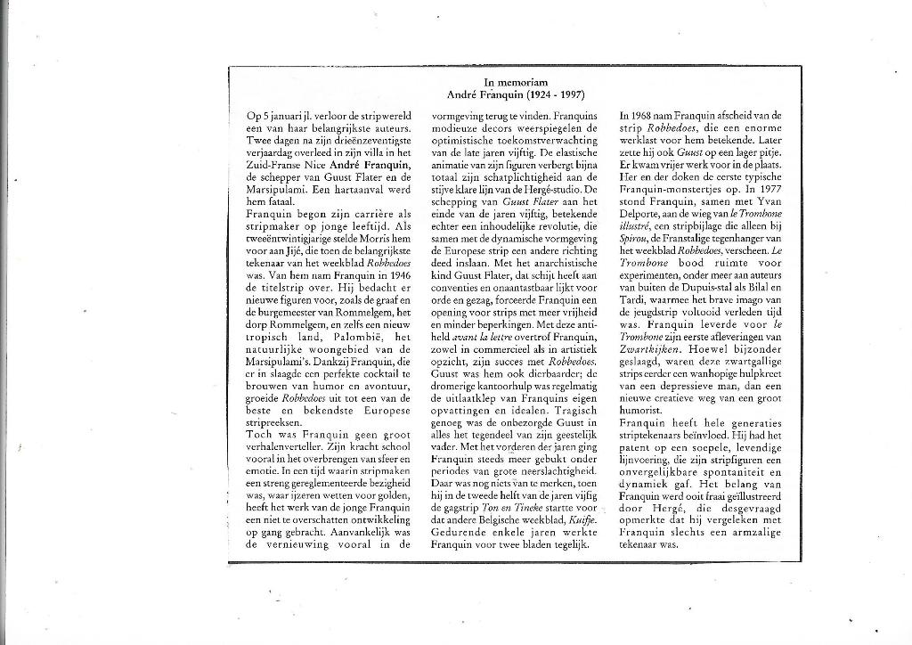 Overlijdings artikel over tekenaar Andre Frequin { Guust ), Eén stripboek, Verzenden, Gelezen