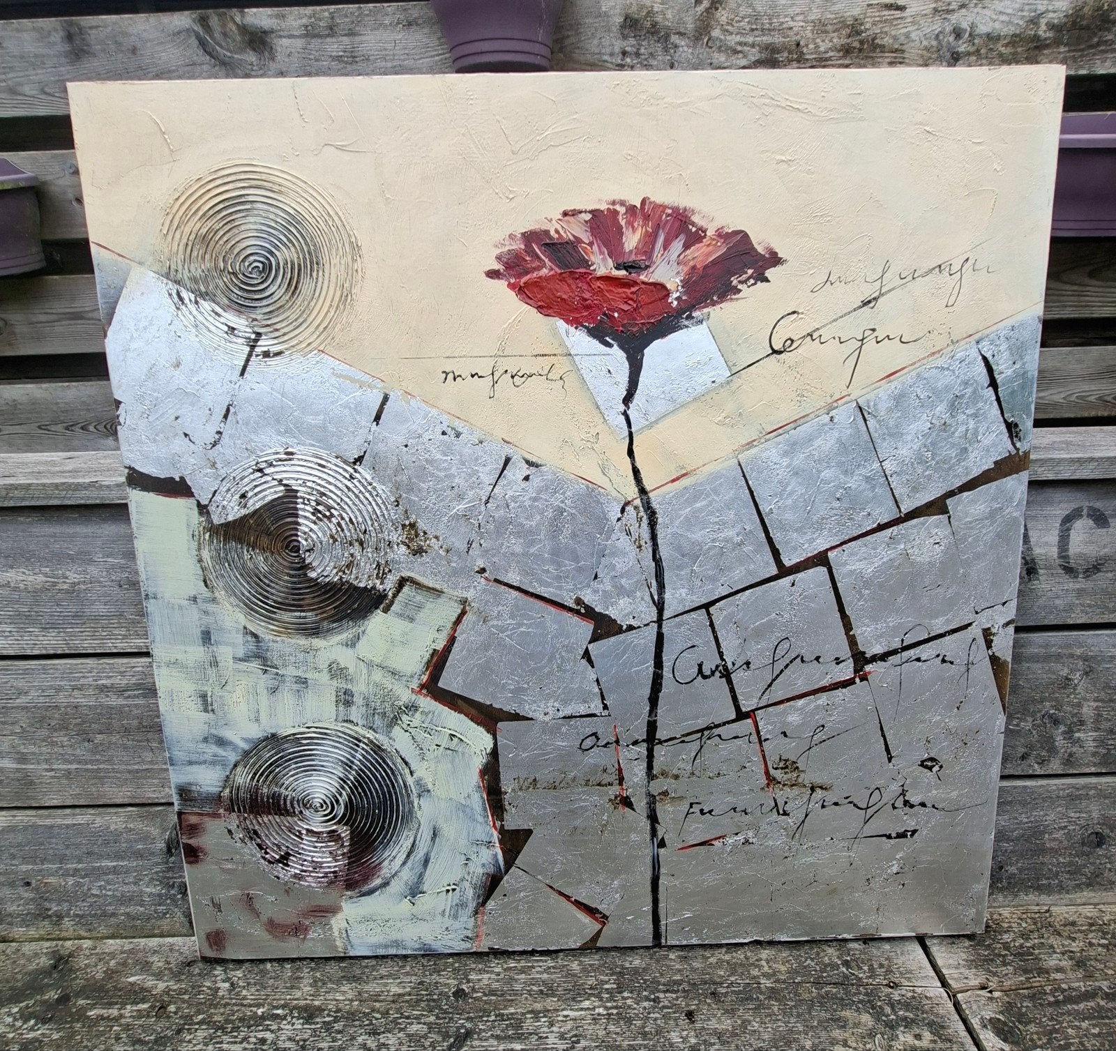 Abstract bloem schilderij met zilverfolie en textuur, Antiek en Kunst, Bloemen, Ophalen of Verzenden, Handgeschilderd, Gemengde techniek