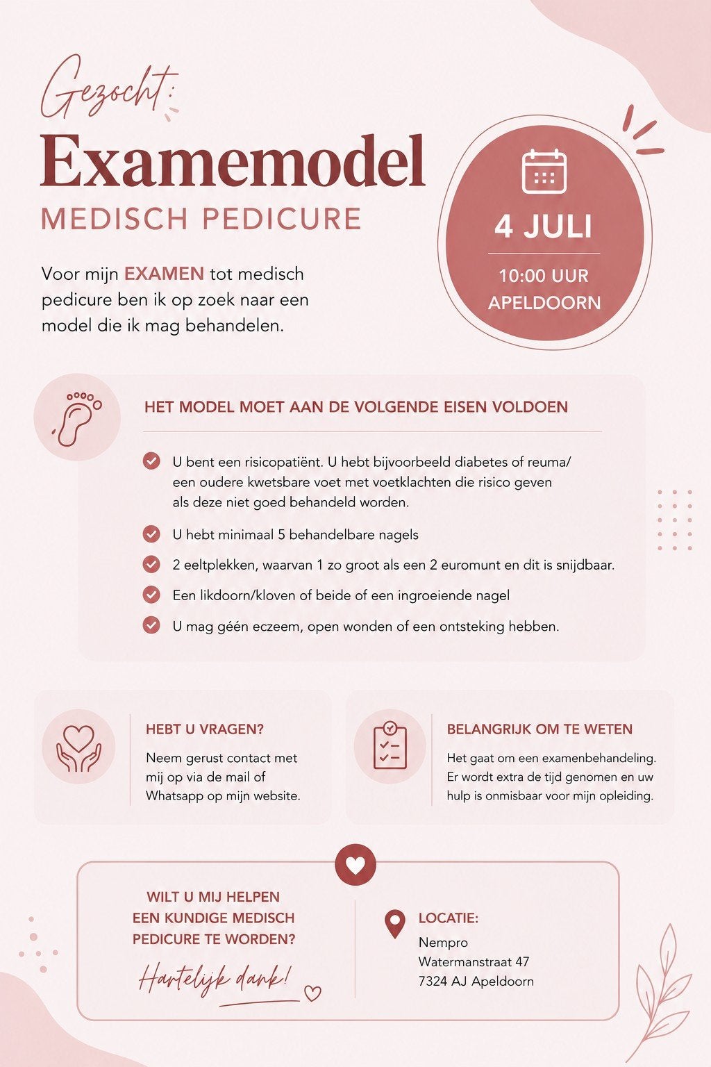 Gezocht examen model medisch pedicure te Apeldoorn. + 50€