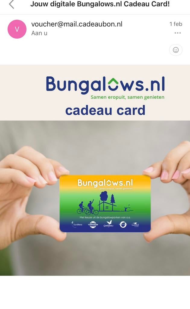 Cadeaubon Bungalowsnl / Weekendjewegnl, Tickets en Kaartjes, Kortingen en Cadeaubonnen, Eén persoon, Cadeaubon