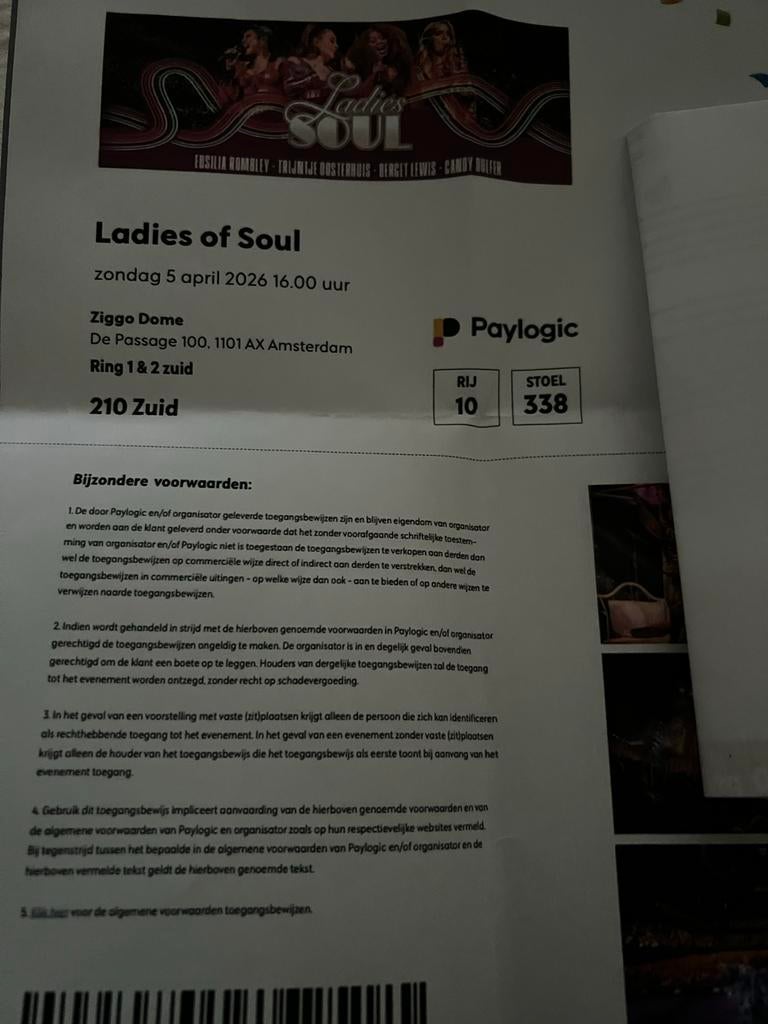 2 kaartjes lady of soul zondag middag  zitplaatsen 5 aprril