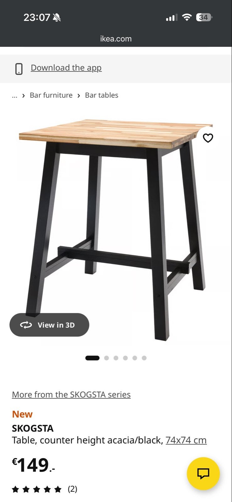 IKEA SKOGSTA bartafel, acacia/zwart, 74x74 cm, Ophalen, Gebruikt, Vierkant, Tot twee personen