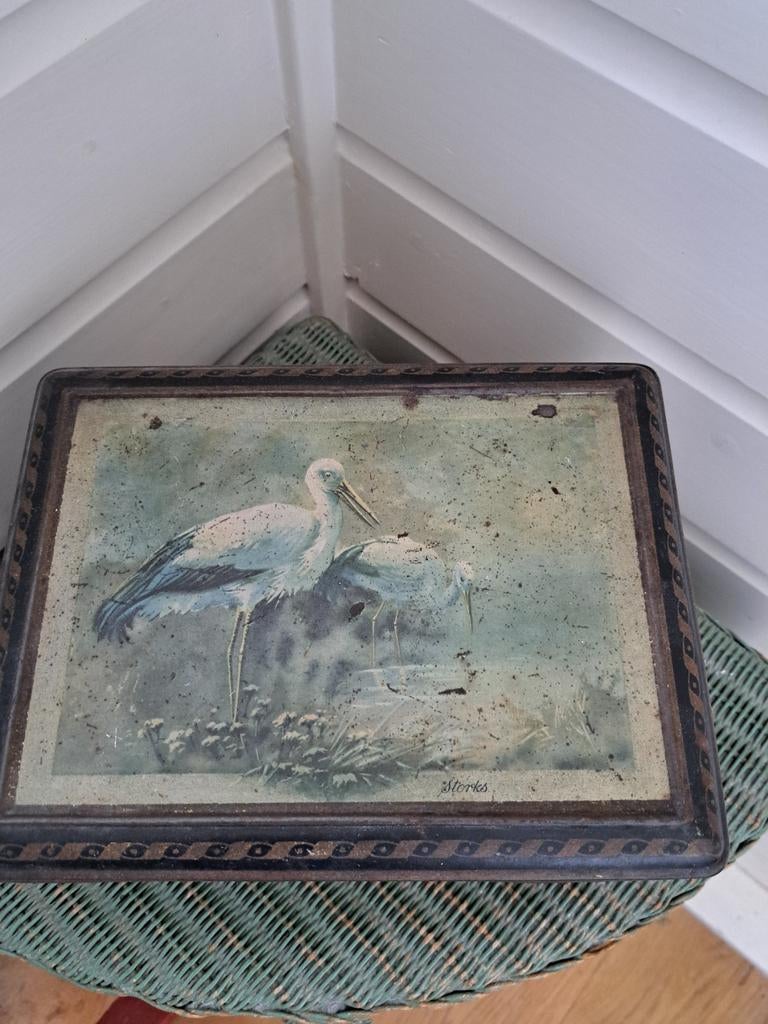 Antiek blik met vogelafbeelding, Antiek en Kunst, Ophalen of Verzenden