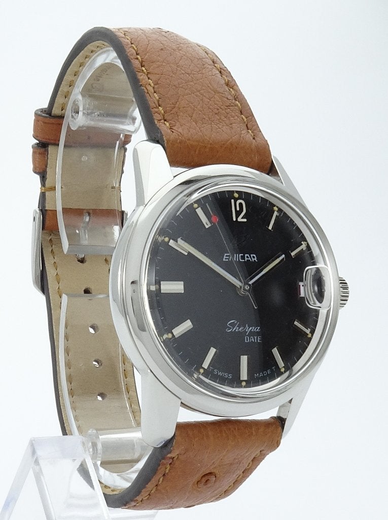 Enicar Sherpa 600 date 1965, Leer, Staal, Polshorloge, Zo goed als nieuw