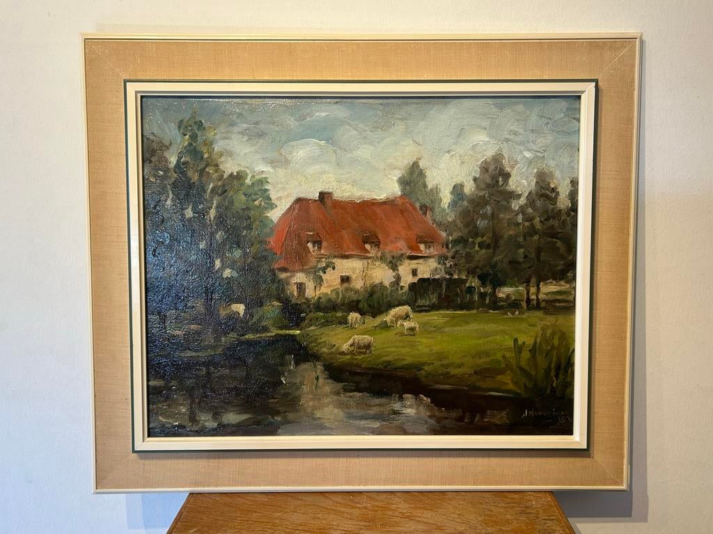 Josephina Hendrickx - Landschap met schapen - Olieverfschild, Antiek en Kunst, Ophalen of Verzenden
