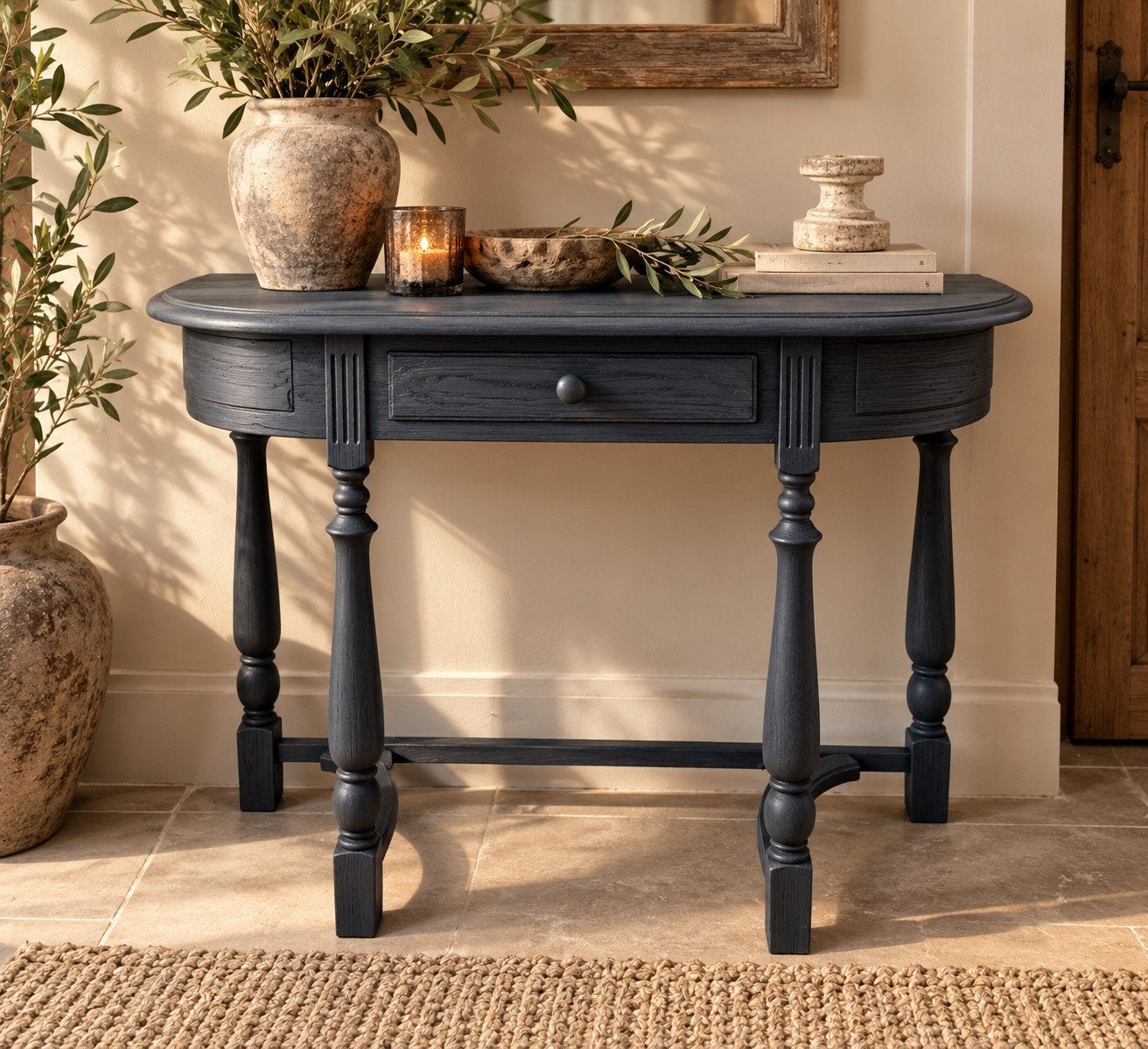 Prachtig landelijk chic sidetable / halfronde wandtafel, Ophalen of Verzenden, 25 tot 50 cm, Rechthoekig, 100 tot 150 cm