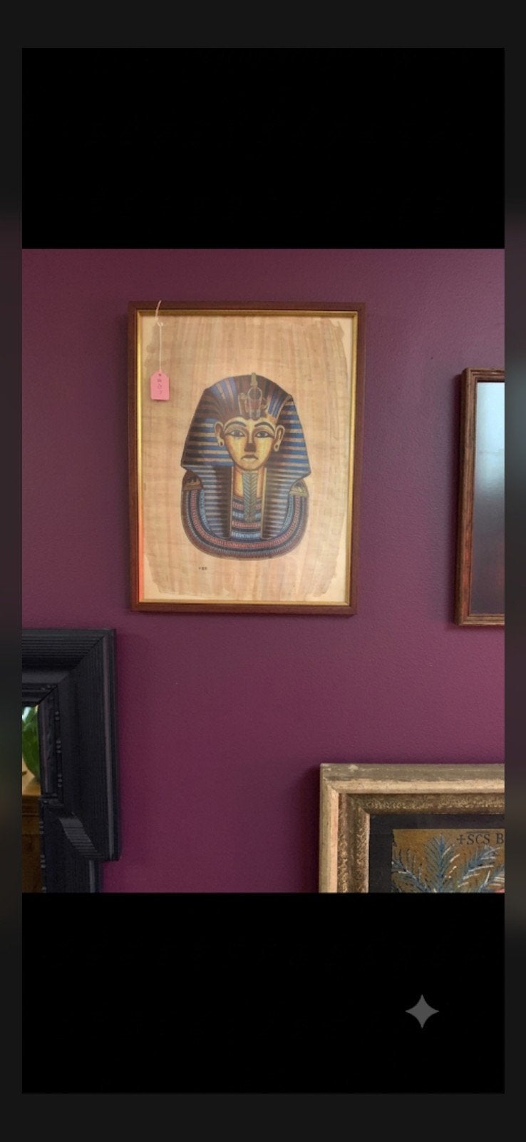 Ingelijste Toetanchamon dodenmasker schildering op papyrus, Schilderij, Geschilderd, Ophalen of Verzenden, Papier/karton