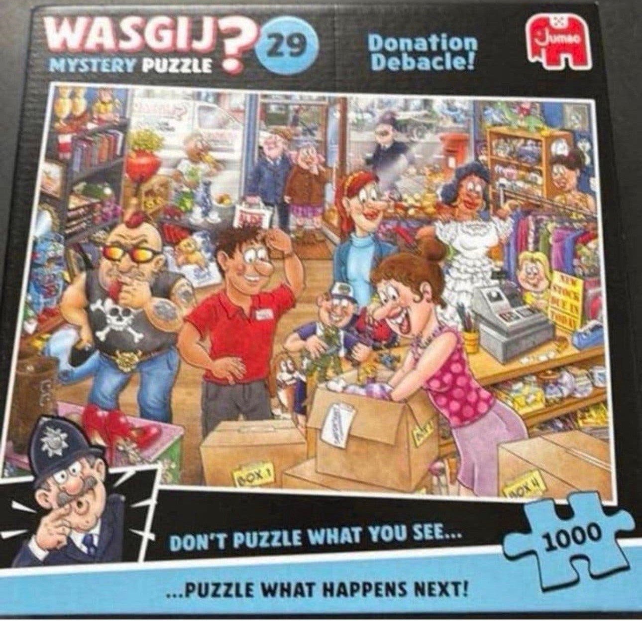 Wasgij puzzel Donation Debacle!', Ophalen of Verzenden, 500 t/m 1500 stukjes, Zo goed als nieuw