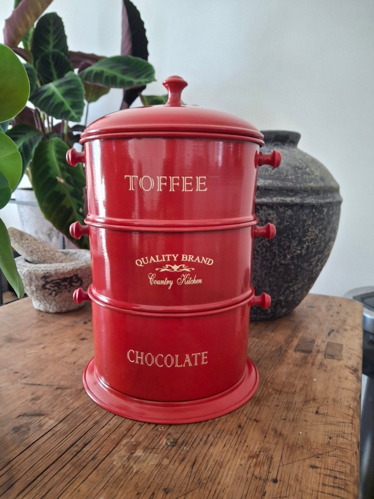 Vintage rode voorraadpotten set - Toffee & Chocolade, Ophalen of Verzenden