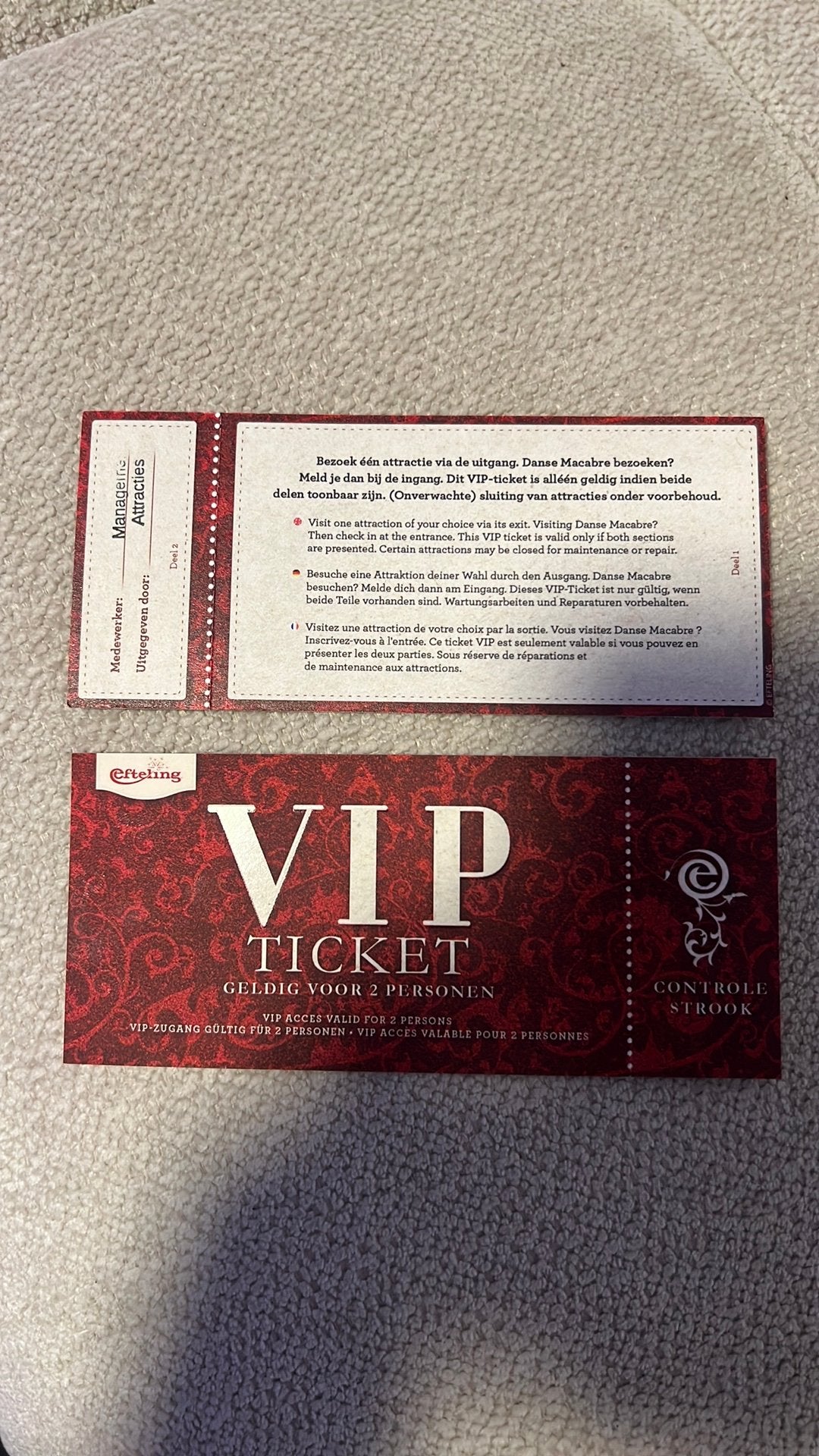 2 Vip tickets Efteling, 1 speler, Ophalen of Verzenden, Zo goed als nieuw, Vanaf 3 jaar