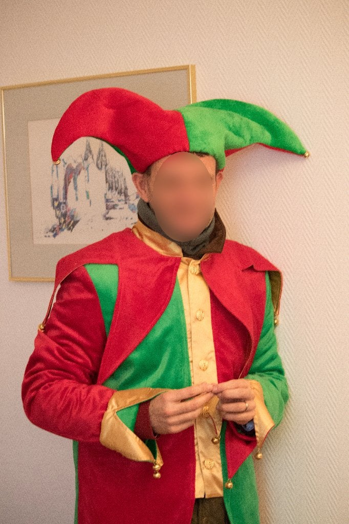 Carnavals Narrenpak met muts met belletjes, Hobby en Vrije tijd, Ophalen of Verzenden, Zo goed als nieuw, Kostuum, Carnaval