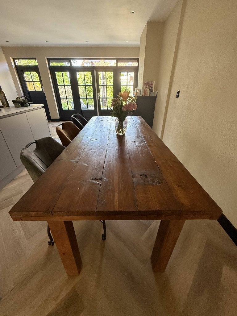 Robuuste steigerhouten eettafel met 3 verrijdbare stoelen, Ophalen, Gebruikt, 200 cm of meer, 50 tot 100 cm