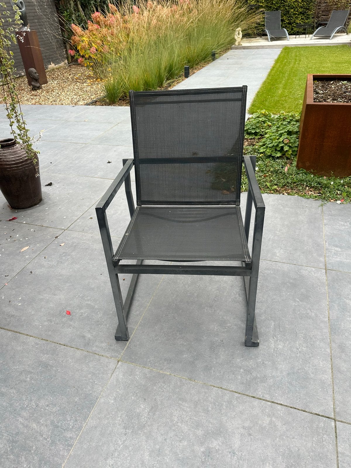 6 Comfortabele tuinstoelen Grijs metaal en textileen, Tuin en Terras, Ophalen, Gebruikt, Metaal, Stapelbaar