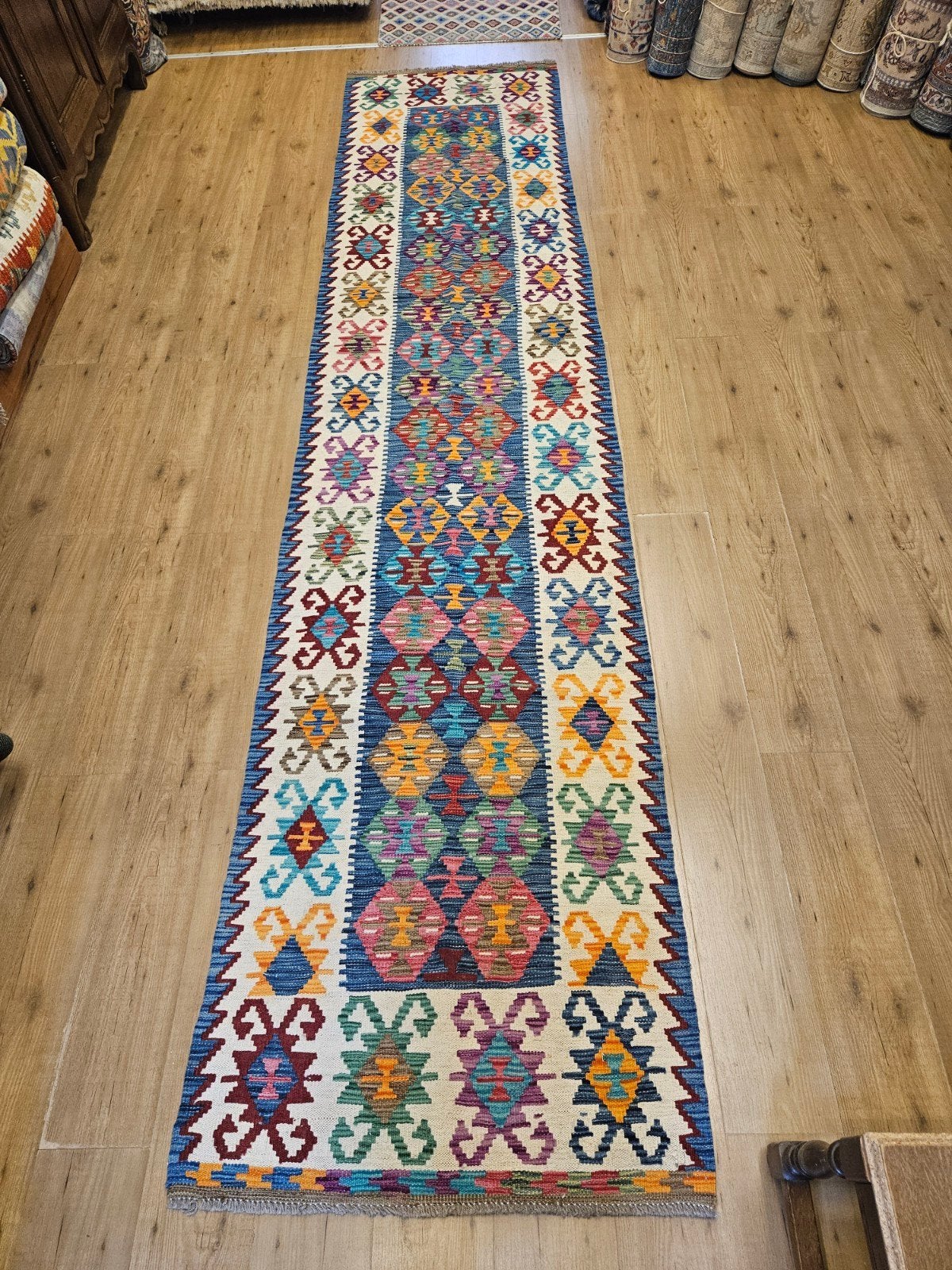 Handgeweven oosterse wollen kelim loper 400x90, Info@SlatsAntiek.nl, Crème, Vof Slats Antiek, Kelim
