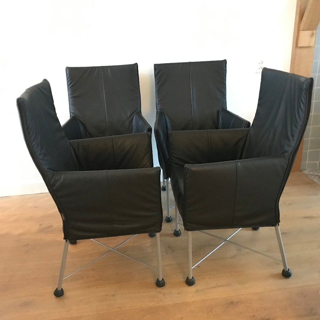 4 IZGS Montis Chaplin design stoelen modern zwart leer, Ophalen, Zwart, Leer, Zo goed als nieuw