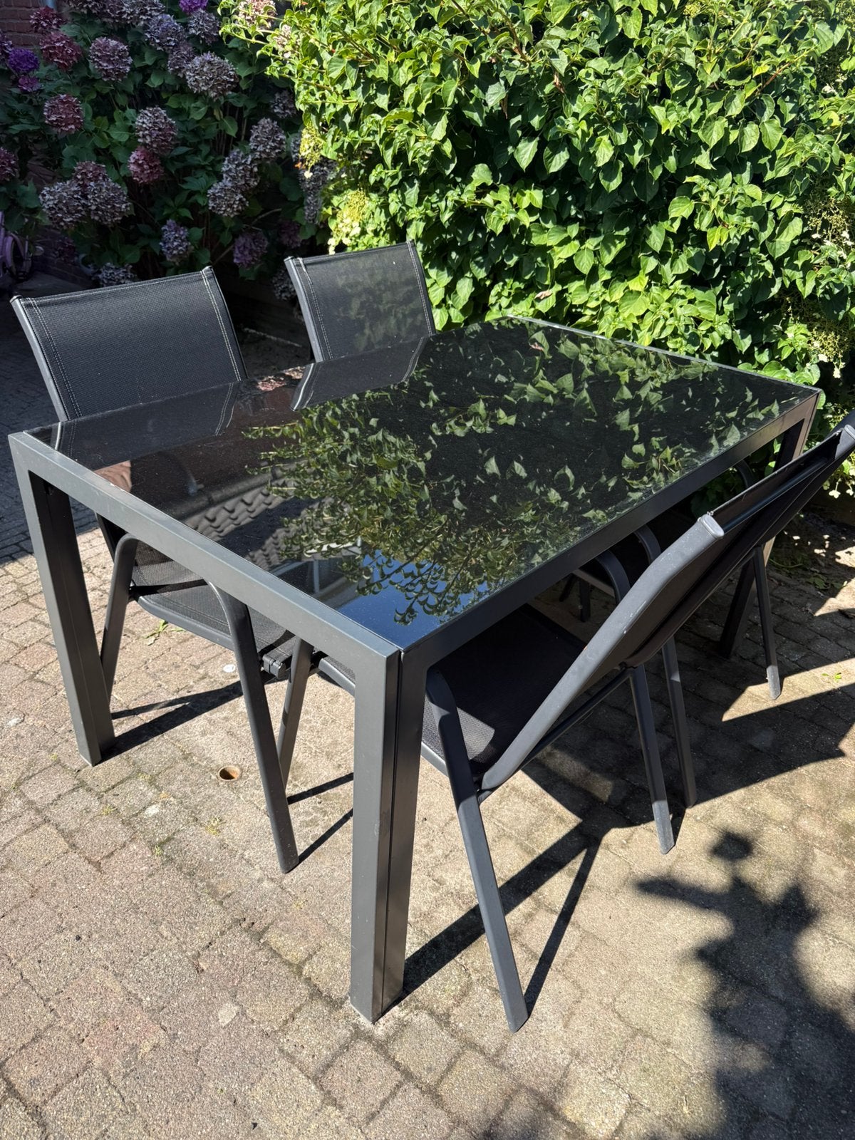 Tuintafel met 4 tuinstoelen – 150 x 90 cm, Ophalen, Zo goed als nieuw, Aluminium