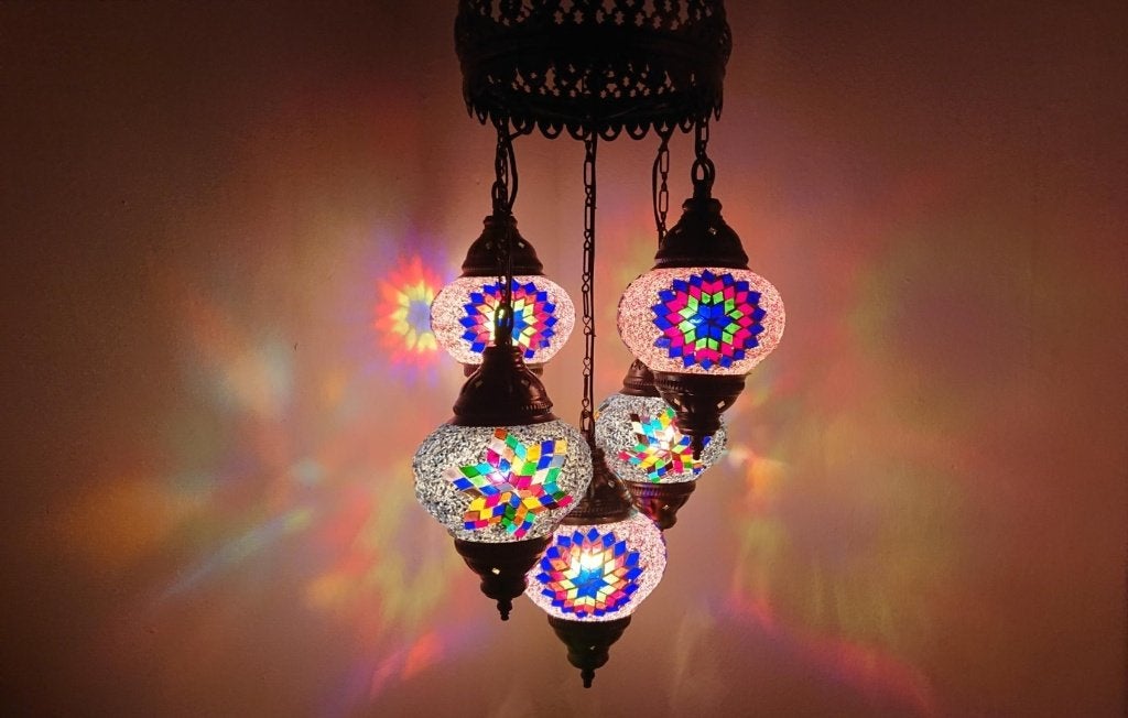 Oosterse Arabische kroonluchter hanglamp glasmozaiek set 5, Oosters Arabisch 1001nacht Boho Ibiza Marrakech Marokkaans Turks, E14 (klein)