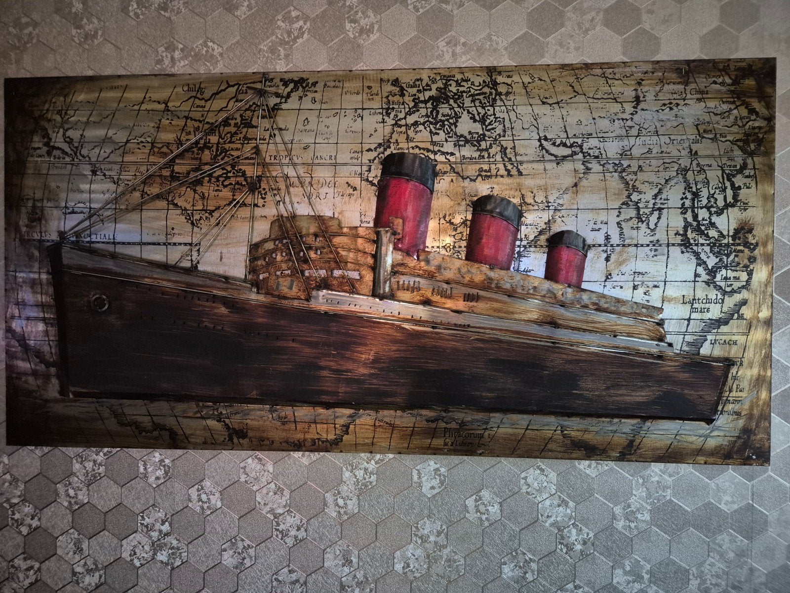 Handgemaakt 3D Metalen Wandbeeld Titanic op Zeekaart, Ophalen, Metaal, 1 meter - 2 meter, Zeeleven