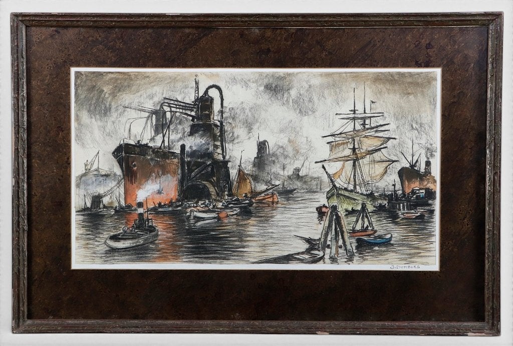 "Schepen in de Maashaven te Rotterdam met graanelevatoren", Ophalen, Maritiem / water, Realistisch, Papier