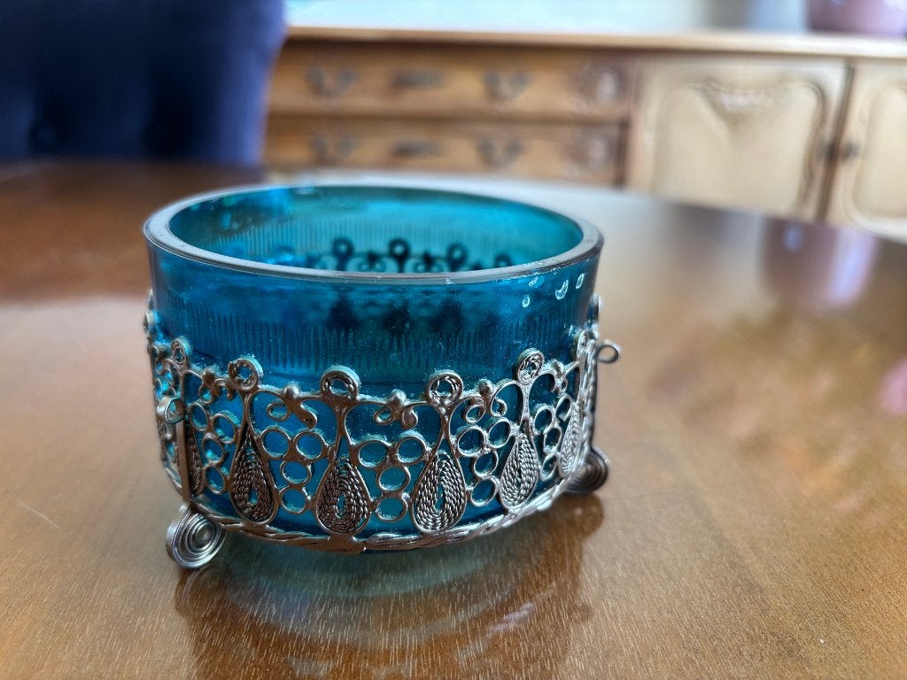 Turquoise Boheems suikerpotje, Antiek en Kunst, Antiek | Glas en Kristal, Ophalen