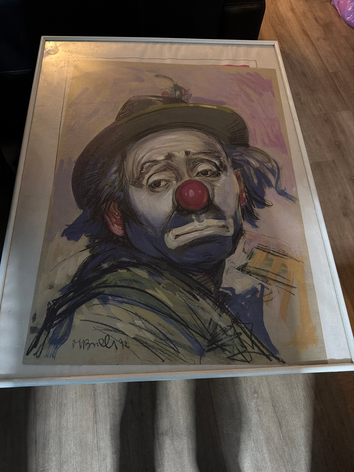 Ingelijst Schilderij: Trieste Clown met Rode Neus, Acrylverf, Papier/karton, Ophalen of Verzenden, Gesigneerd