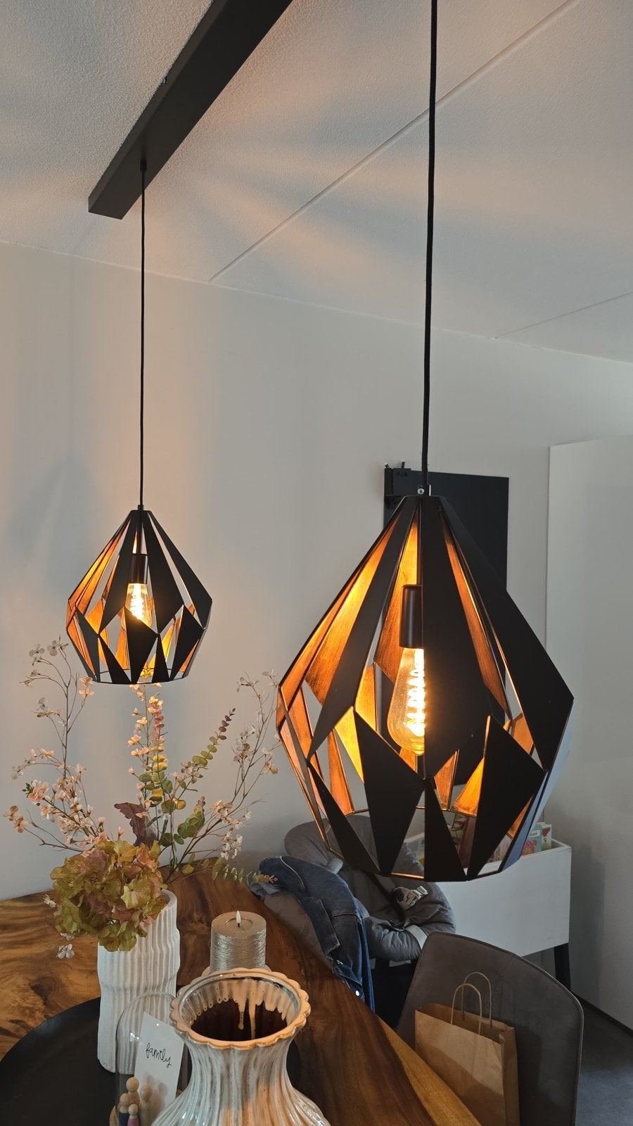 Moderne hanglampen set - Zwart met houten accenten, Ophalen, Zo goed als nieuw, Metaal