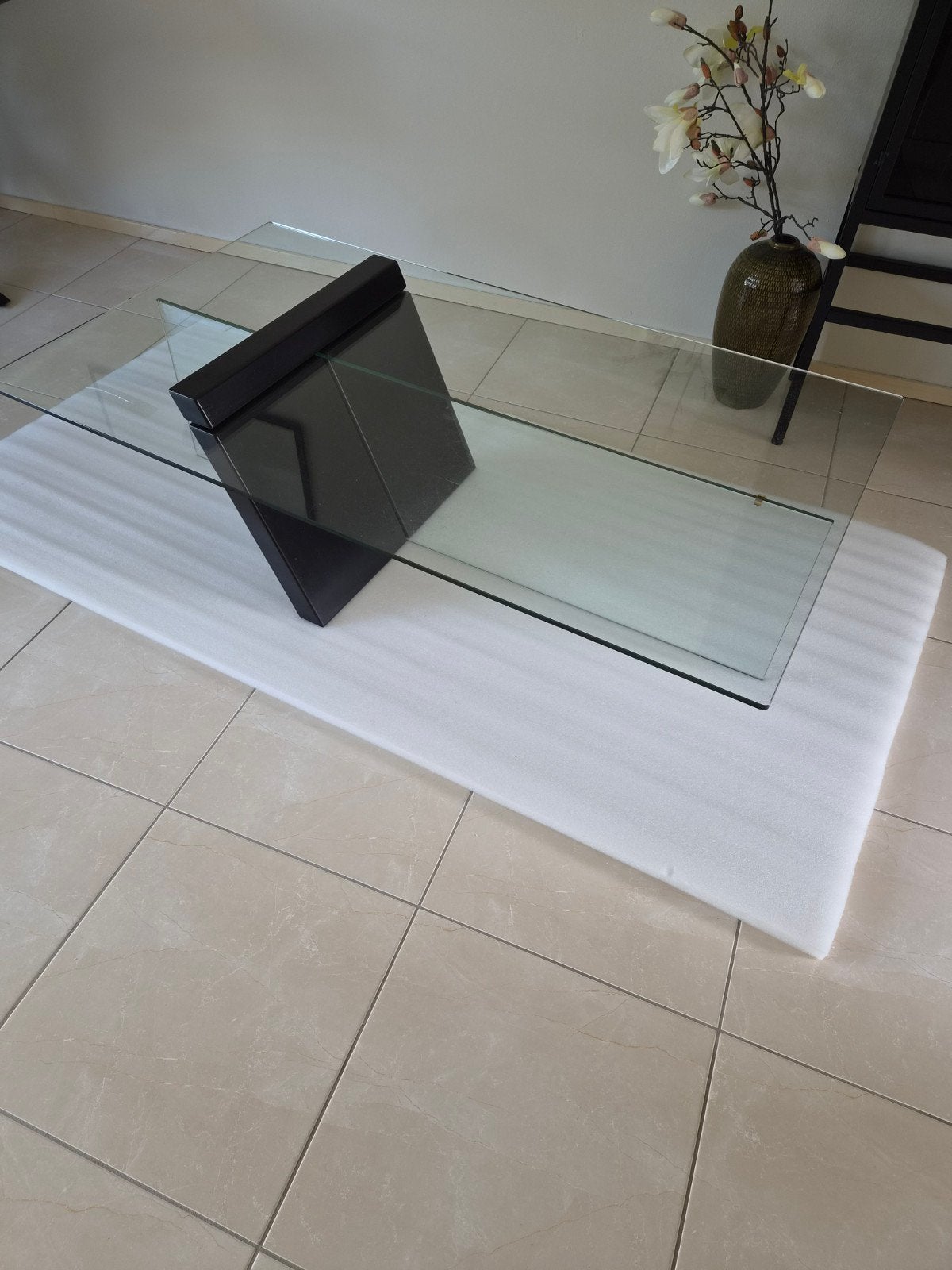 Glazen salontafel met zwart onderstel, 130x80cm., Ophalen, Gebruikt, 100 tot 150 cm, 50 tot 100 cm