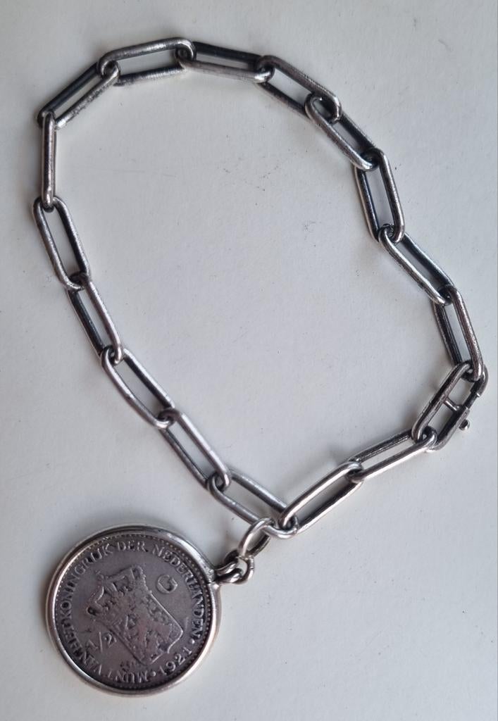 Vintage Zilveren Armband met Munt Hanger, Ophalen of Verzenden, Gebruikt, Zilver, Zilver