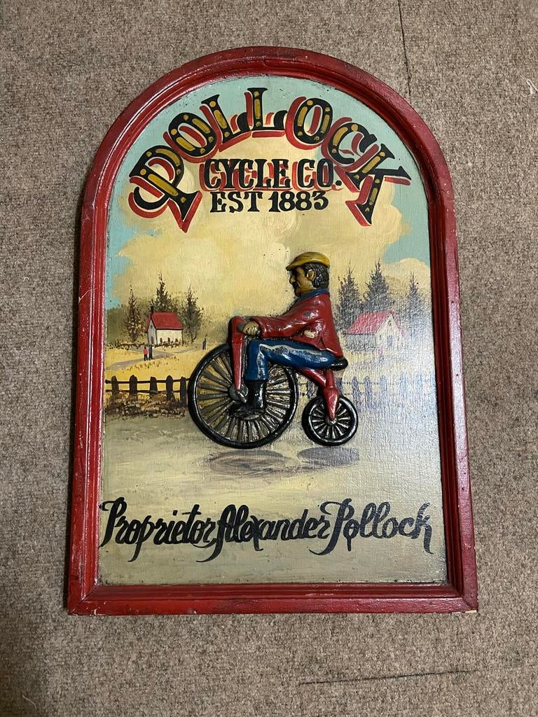 Uniek handgeschilderd pubbord: Pollock Cycle Co. & Geo Bluns, Ophalen of Verzenden, Gebruikt, Reclamebord