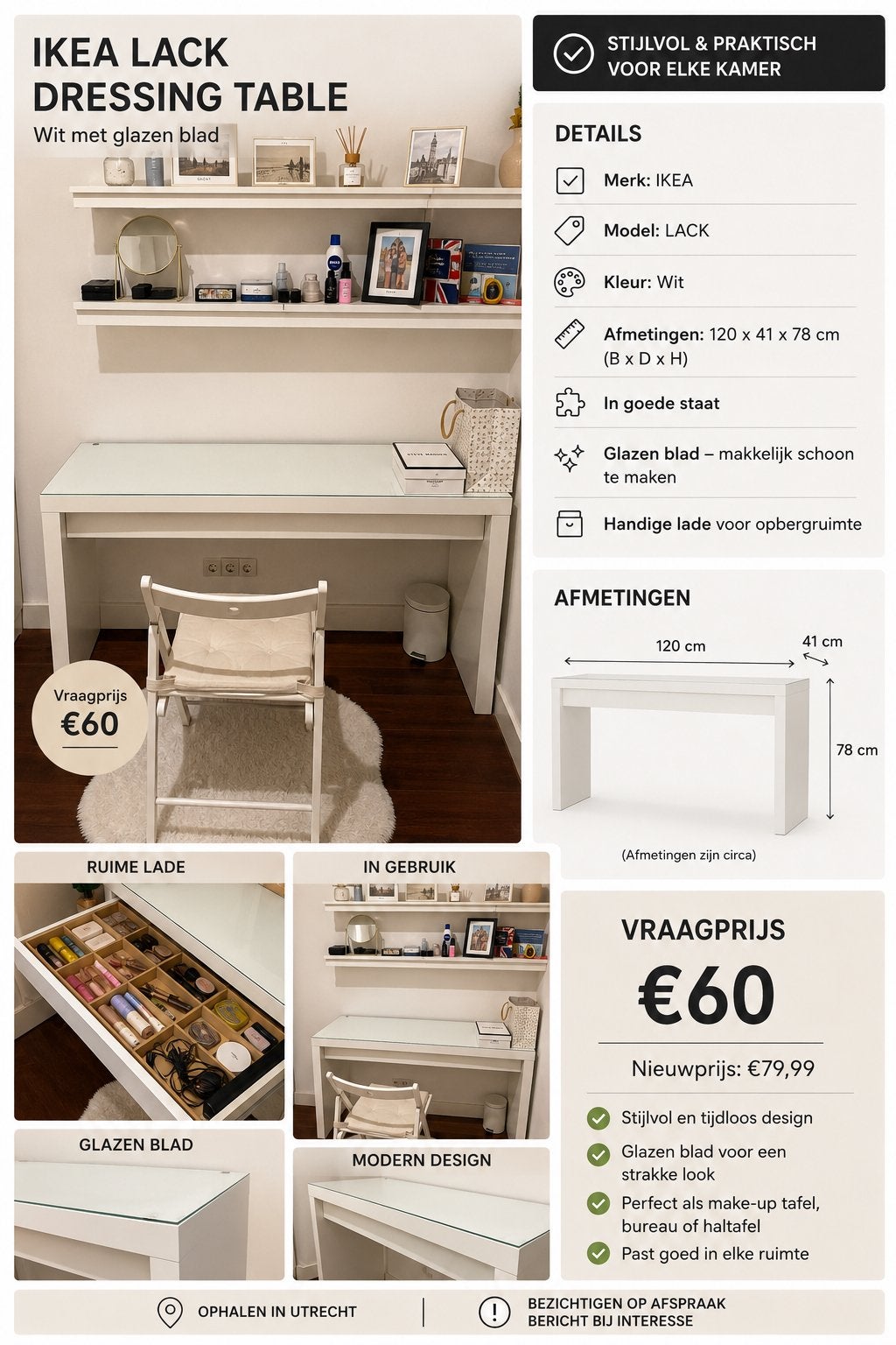 Witte kaptafel / make-up tafel met glazen blad, Ophalen of Verzenden, Gebruikt, Glas, 100 tot 150 cm