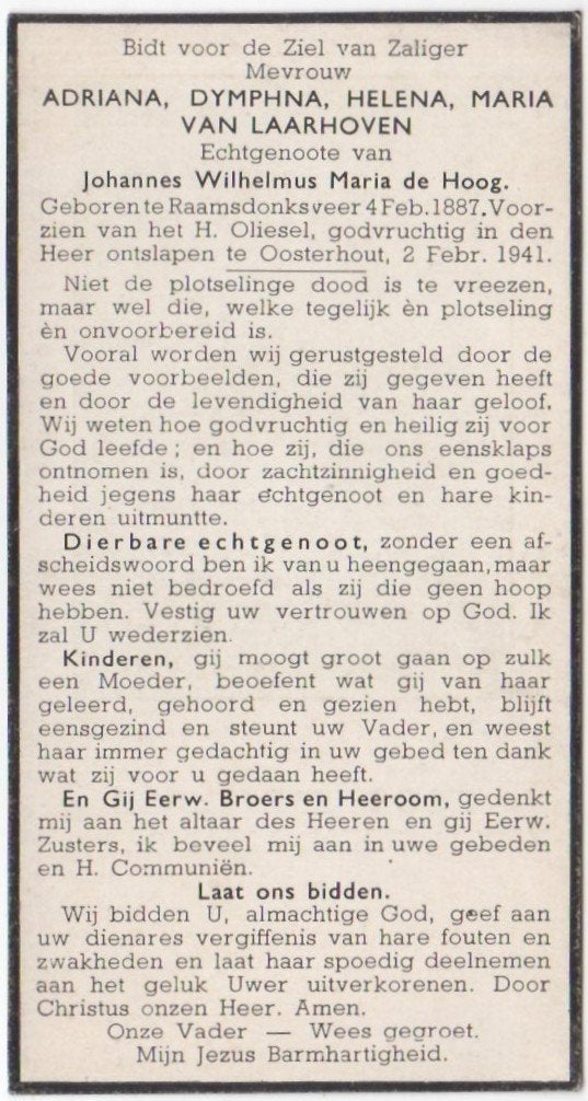 Adriana van Laarhoven 1887 Raamsdonksveer + 1941 Oosterhout, Ophalen of Verzenden