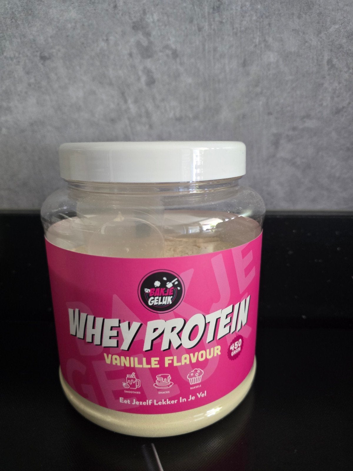 Bakje Geluk Whey Proteïne Vanille - 490g, Ophalen of Verzenden, Gebruikt, Poeder of Drank