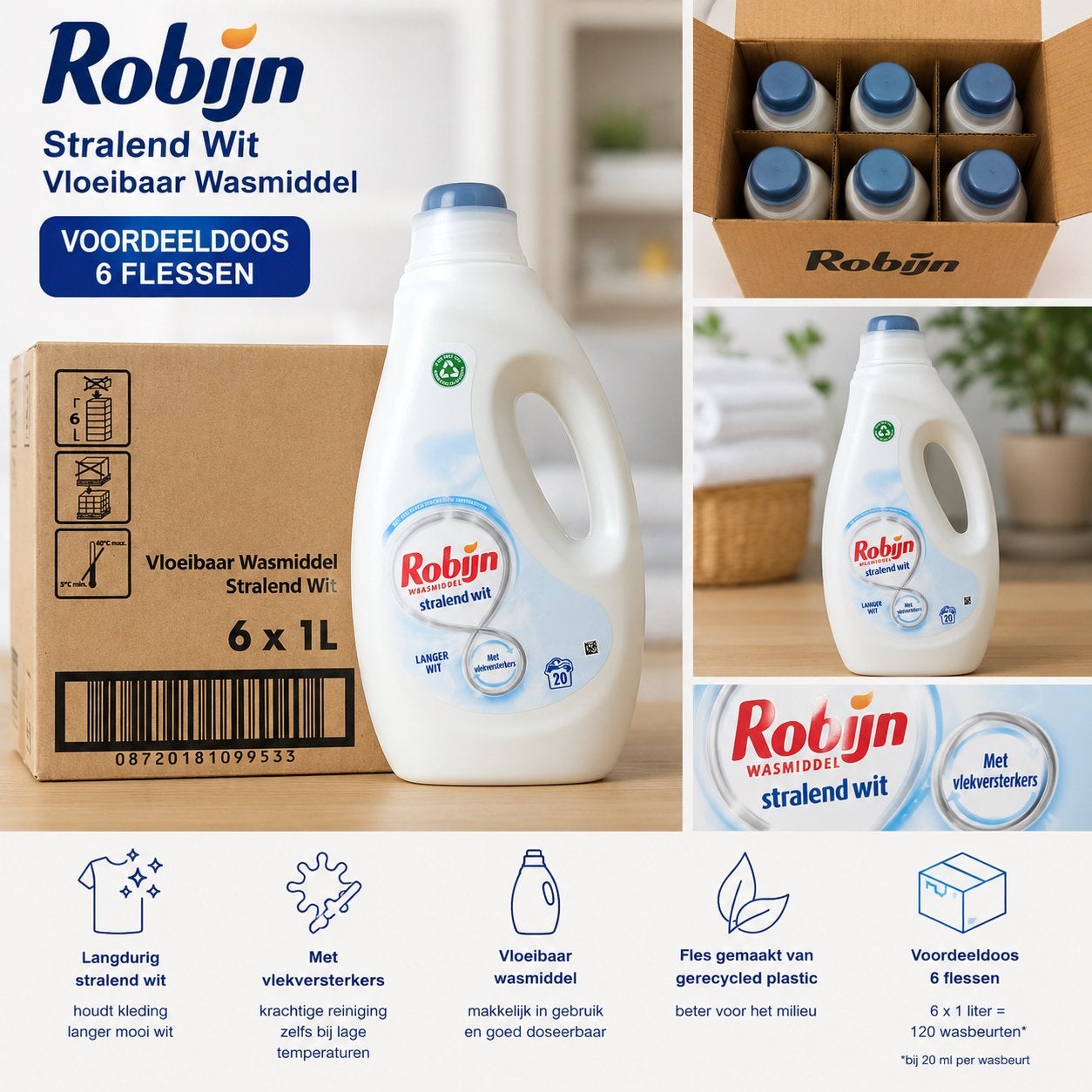 Robijn Stralend Wit Vloeibaar Wasmiddel Voordeeldoos 6x1L, Huis en Inrichting, Ophalen of Verzenden