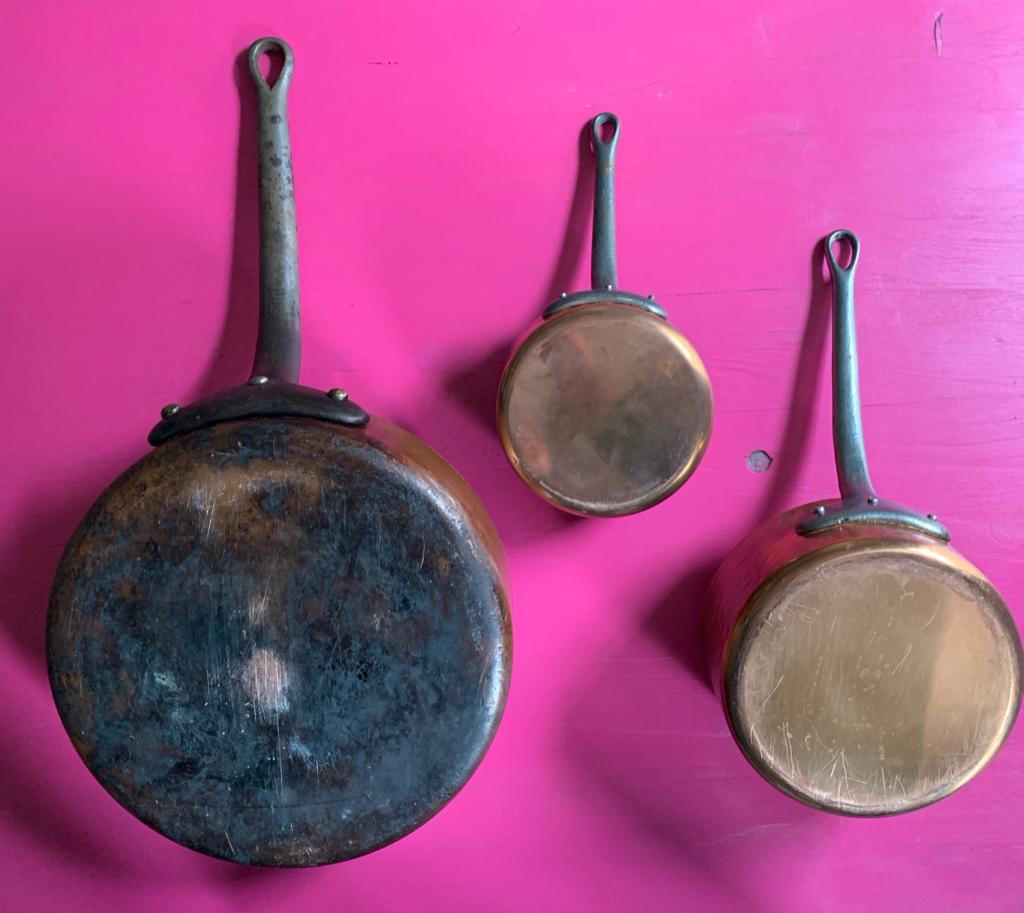 3 Zware koperen pannen, Ophalen of Verzenden, Overige materialen, Pannenset