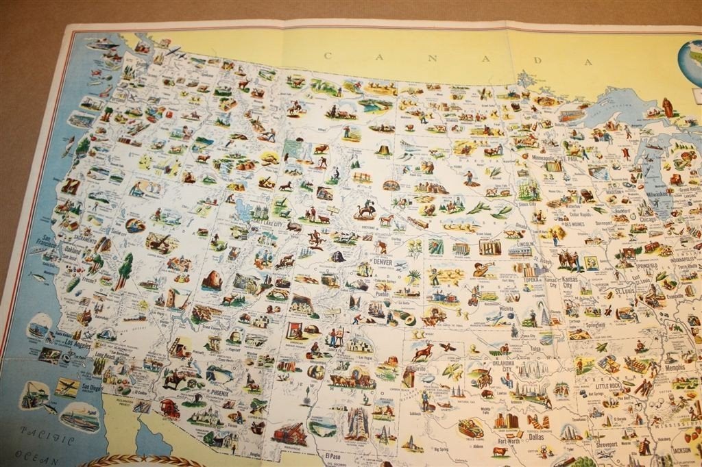 Vintage USA Kaart 1955 — Vol Illustraties, Boeken, Ophalen of Verzenden, Gelezen, 1800 tot 2000, Landkaart