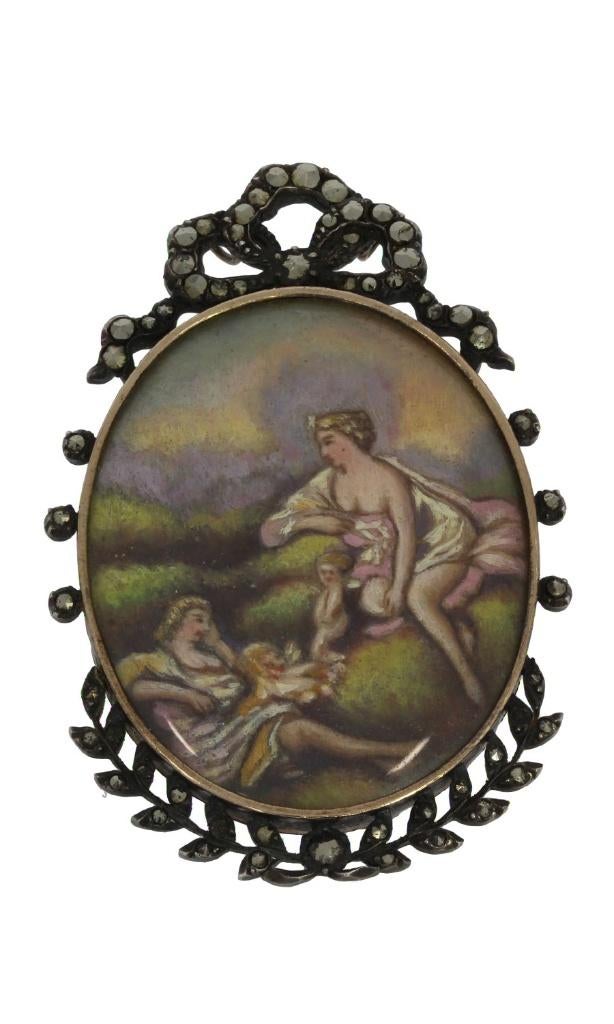 Grote 14k gouden ketting hanger antiek portret markasiet, Sieraden, Tassen en Uiterlijk, Antieke sieraden, Verzenden, Goud, Hanger