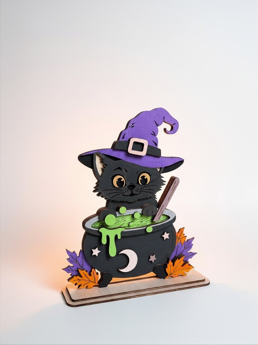 Halloween decoratie: Heksenkat in ketel, Hout, Meerkleurig, Overige stijlen, Nieuw