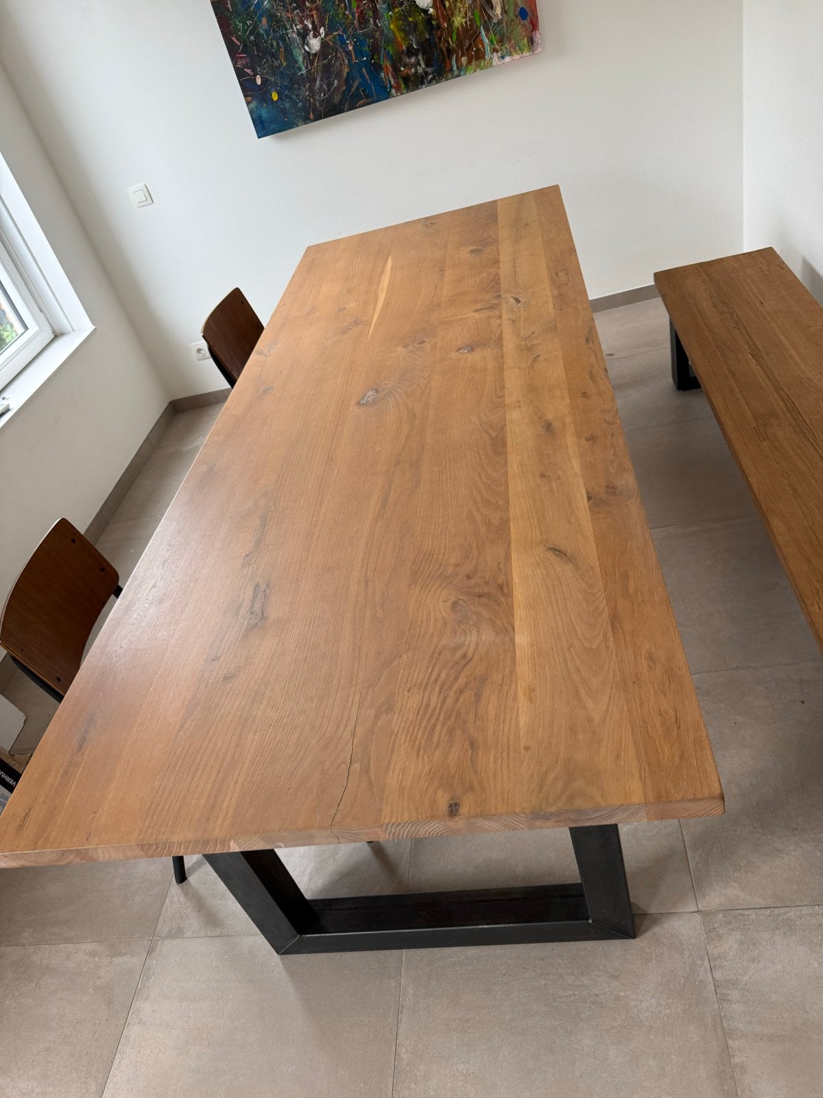 Eikenhouten eettafel met metalen onderstel (260x100x4 cm), 100 tot 150 cm, Eikenhout, 200 cm of meer, Ophalen of Verzenden