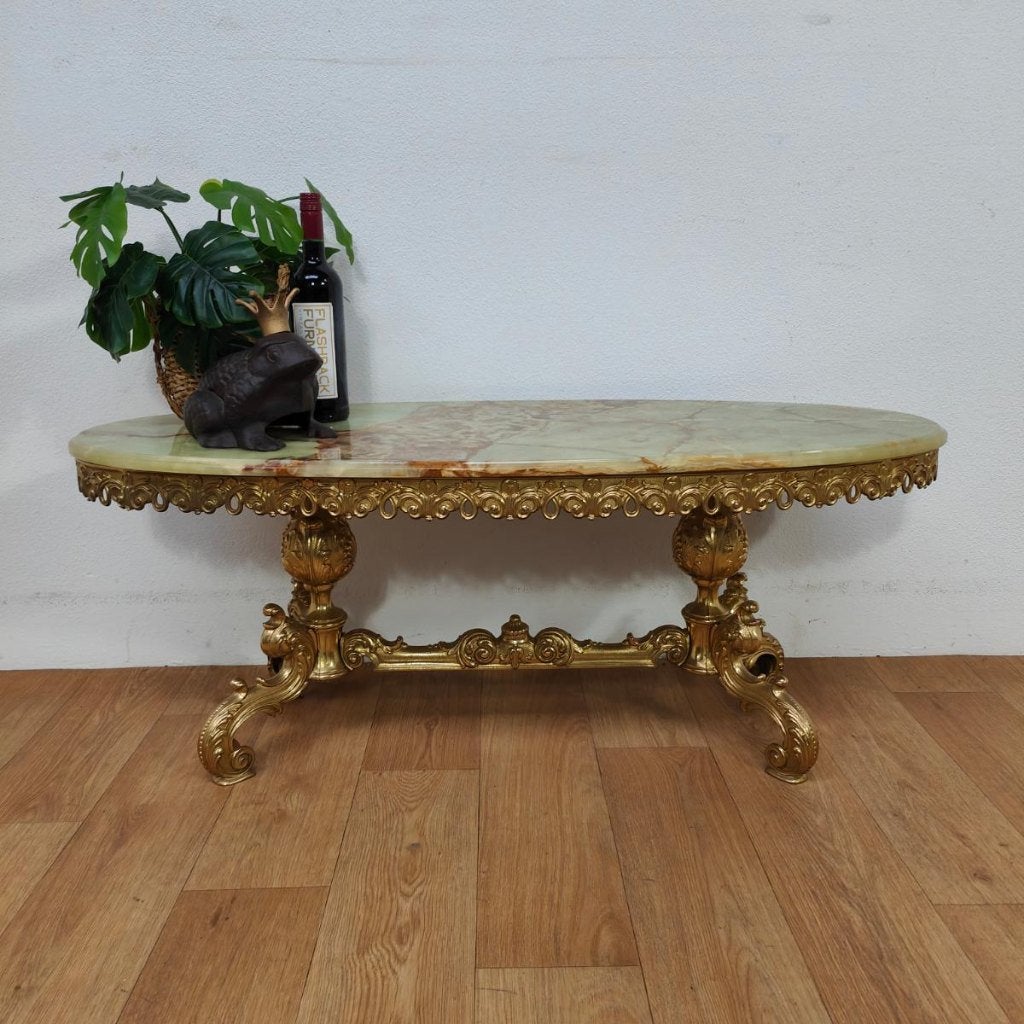 Ovale Vintage Regency salontafel koffietafel met onyx blad 8, Valkenswaard, Gebruikt, 100 tot 150 cm, Info@flashbackfurniture.nl